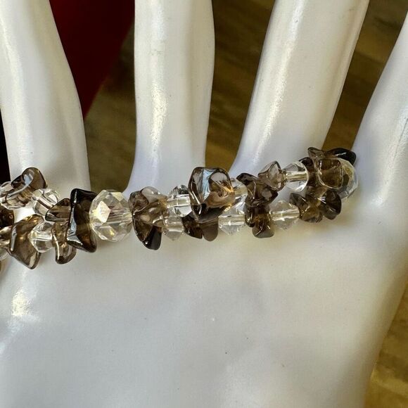 smoky and clear quartz stretchy double strand bracelet - Picture 2 of 8
